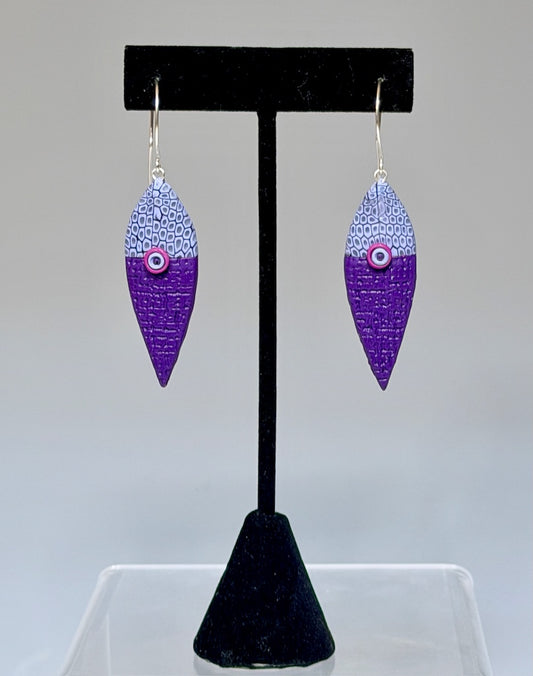 PETAL SHAPED POLYMER CLAY EARRINGS IN PURPLE AND PERIWINKLE ON STERLING SILVER EAR WIRES PCE891
