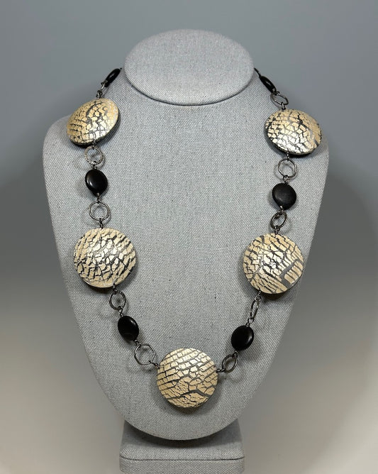 HOLLOW BEAD POLYMER CLAY NECKLACE W/STEEL AND ONYX BEADS PCN689