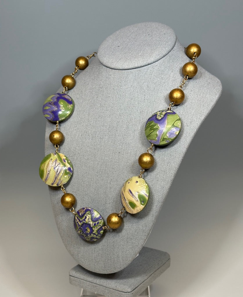 HOLLOW BEAD POLYMER CLAY NECKLACE W/ANTIQUE BRASS BEADS PCN690