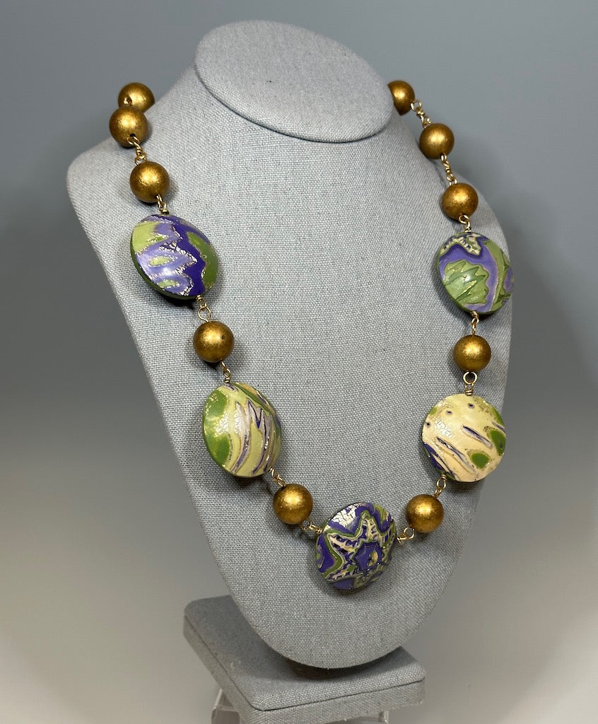 HOLLOW BEAD POLYMER CLAY NECKLACE W/ANTIQUE BRASS BEADS PCN690