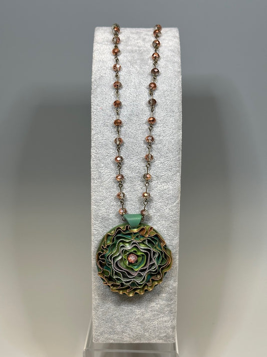 RIBBON EFFECT POLYMER CLAY PENDANT ON CRYSTAL ROSARY CHAIN NECKLACE DKPCN691