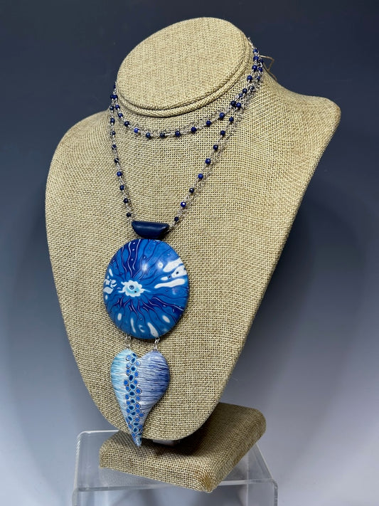 SUMMER BLUES LARGE HOLLOW BEAD PENDANT ON LAPIS AND SILVER ROSARY CHAIN DKPCN735