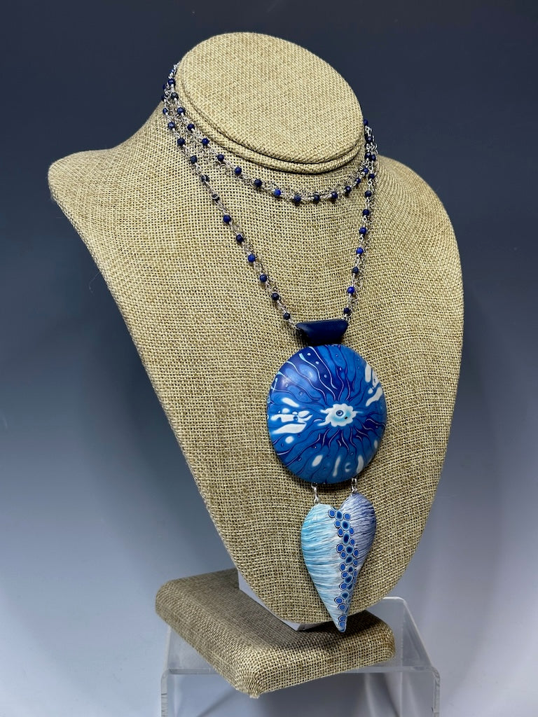 SUMMER BLUES LARGE HOLLOW BEAD PENDANT ON LAPIS AND SILVER ROSARY CHAIN DKPCN735