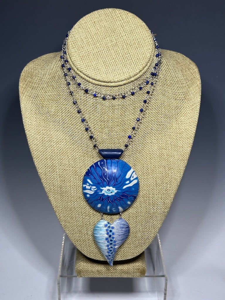 SUMMER BLUES LARGE HOLLOW BEAD PENDANT ON LAPIS AND SILVER ROSARY CHAIN DKPCN735