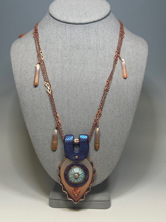 MULTI MEDIUM PENDANT WITH COPPER AND POLYMER CLAY ON COPPER CHAIN WITH URCHIN SPINE BEAD DROPS PCN792