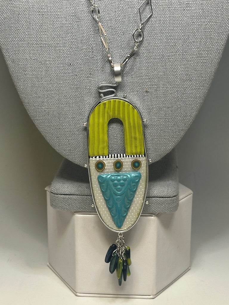 MIXED MEDIUM REVERSIBLE PENDANT WITH METAL, POLYMER CLAY AND BEADS WITH BEAD TASSEL ON ADJUSTABLE CHAIN PCN793