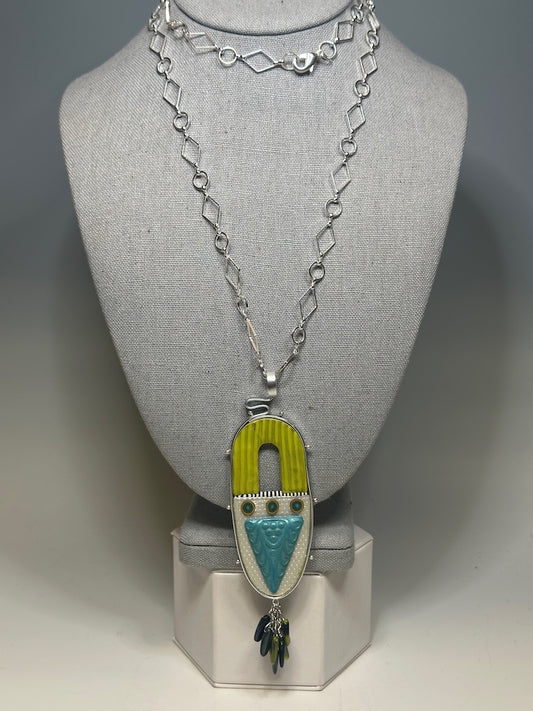 MIXED MEDIUM REVERSIBLE PENDANT WITH METAL, POLYMER CLAY AND BEADS WITH BEAD TASSEL ON ADJUSTABLE CHAIN PCN793