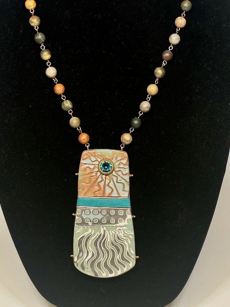 LARGE MULTI MEDIUM POLYMER CLAY PENDANT ON RED CREEK JASPER AND COPPER ADJUSTABLE CHAIN DKPCN801