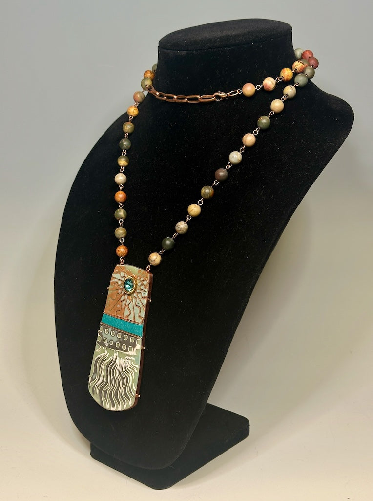 LARGE MULTI MEDIUM POLYMER CLAY PENDANT ON RED CREEK JASPER AND COPPER ADJUSTABLE CHAIN DKPCN801