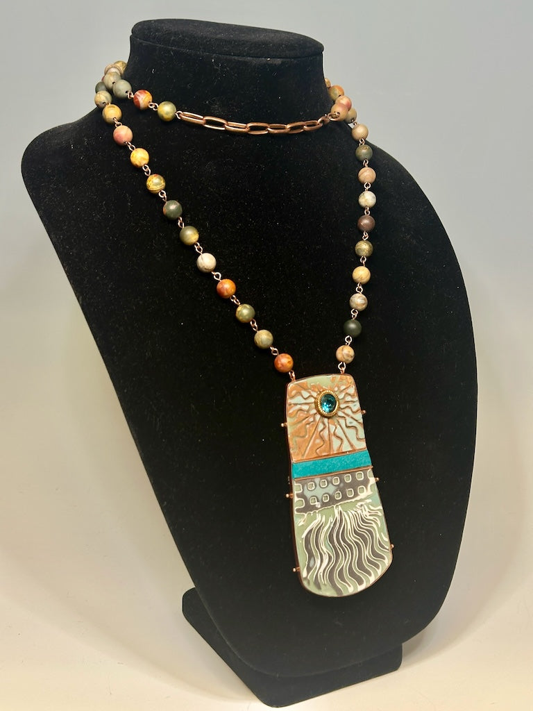 LARGE MULTI MEDIUM POLYMER CLAY PENDANT ON RED CREEK JASPER AND COPPER ADJUSTABLE CHAIN DKPCN801
