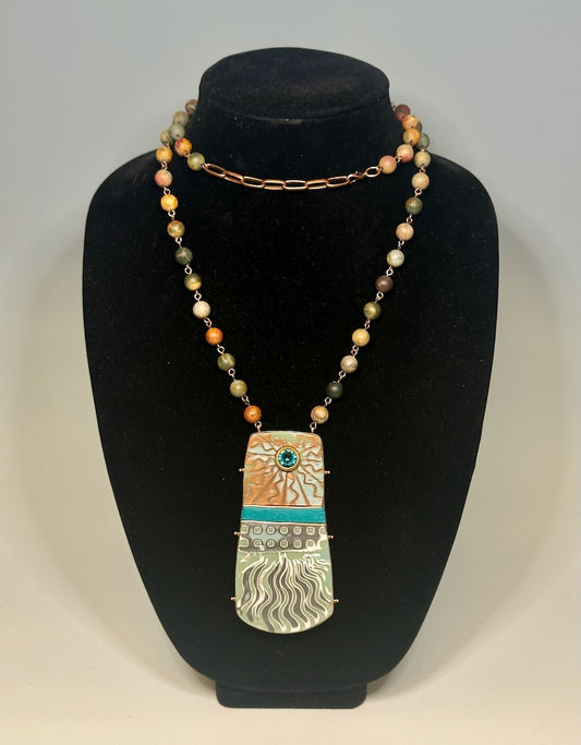 LARGE MULTI MEDIUM POLYMER CLAY PENDANT ON RED CREEK JASPER AND COPPER ADJUSTABLE CHAIN DKPCN801