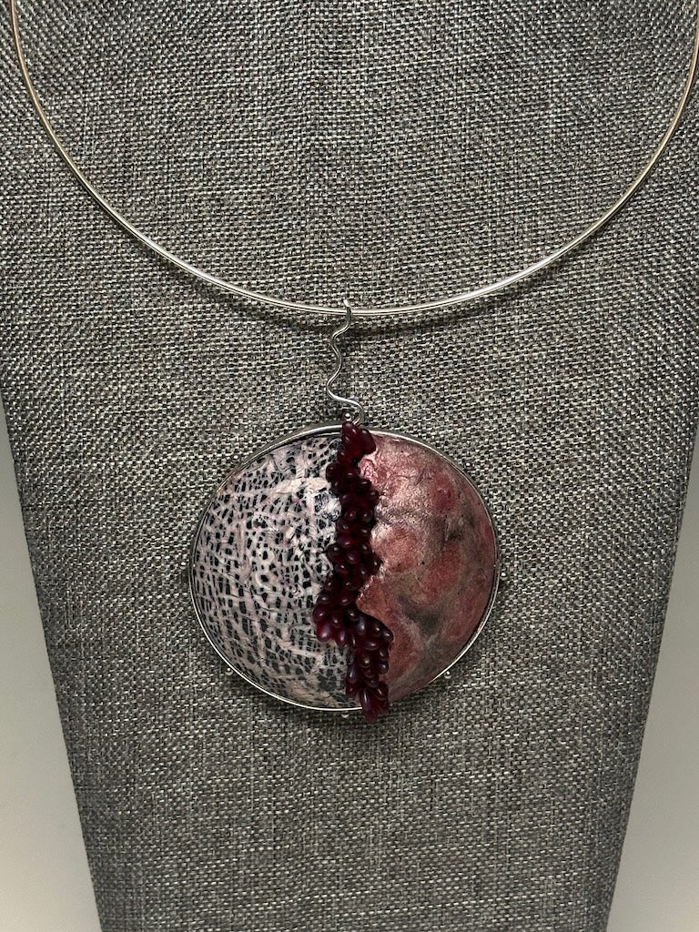 POLYMER CLAY DOMED MIXED MEDIA PENDANT ON SILVER NECK WIRE DKPCN802