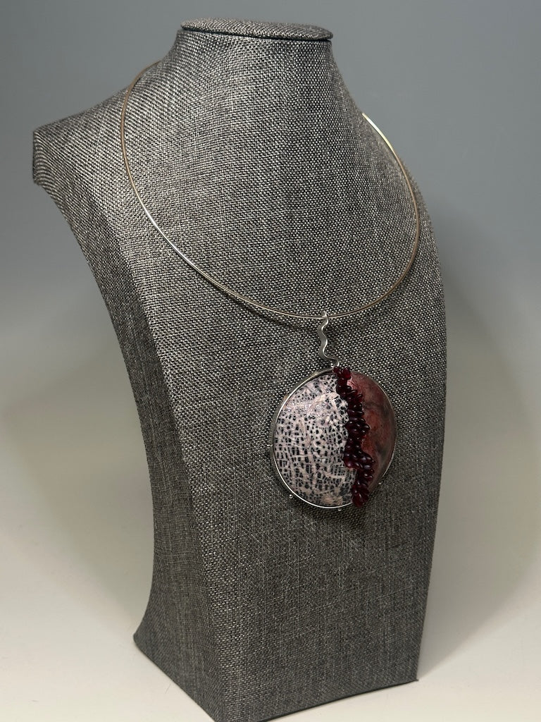 POLYMER CLAY DOMED MIXED MEDIA PENDANT ON SILVER NECK WIRE DKPCN802