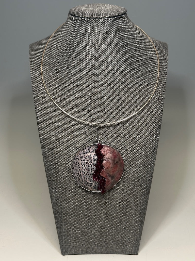 POLYMER CLAY DOMED MIXED MEDIA PENDANT ON SILVER NECK WIRE DKPCN802