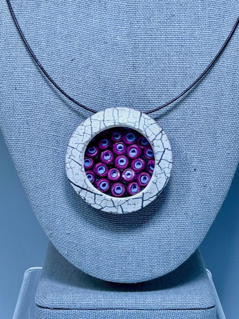 2" ROUND FUCHSIA AND PERIWINKLE POLYMER CLAY PENDANT WITH BLACK STAINLESS STEEL NECK WIRE PCN895