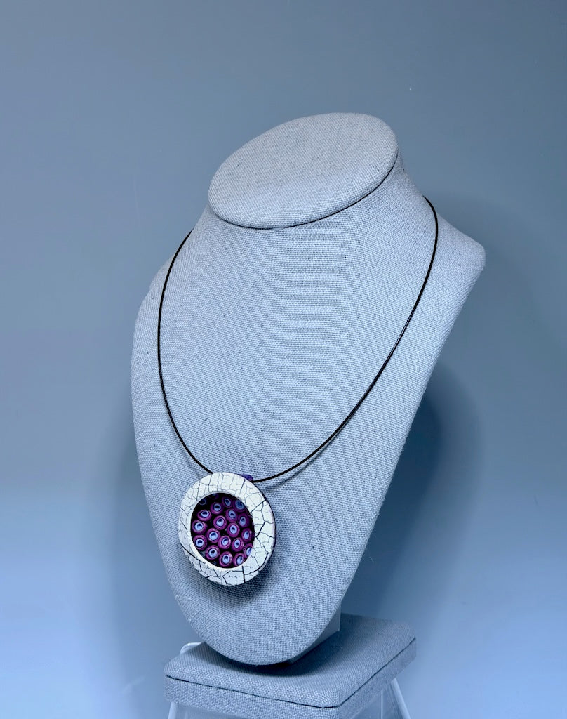 2" ROUND FUCHSIA AND PERIWINKLE POLYMER CLAY PENDANT WITH BLACK STAINLESS STEEL NECK WIRE PCN895