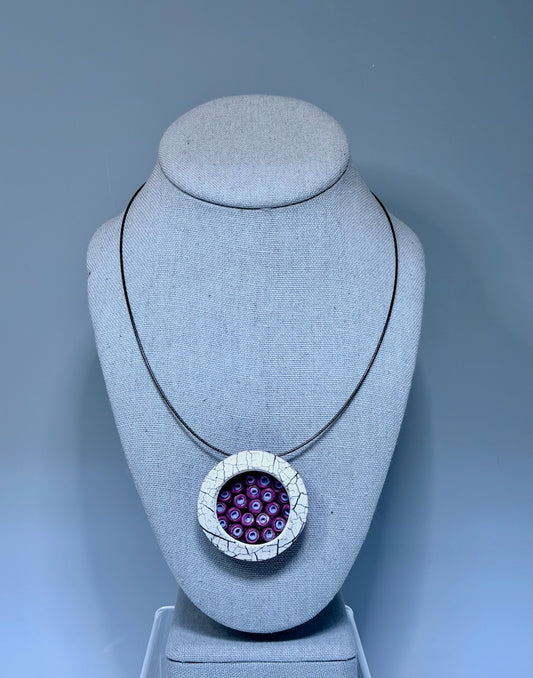 2" ROUND FUCHSIA AND PERIWINKLE POLYMER CLAY PENDANT WITH BLACK STAINLESS STEEL NECK WIRE PCN895