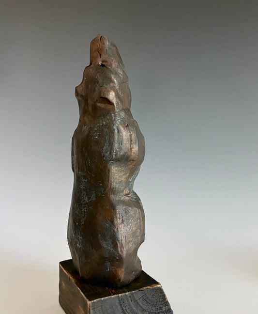 "DON'T LOOK UP!" HAND CARVED WILD CHERRY SCULPTURE WITH METAL COATING