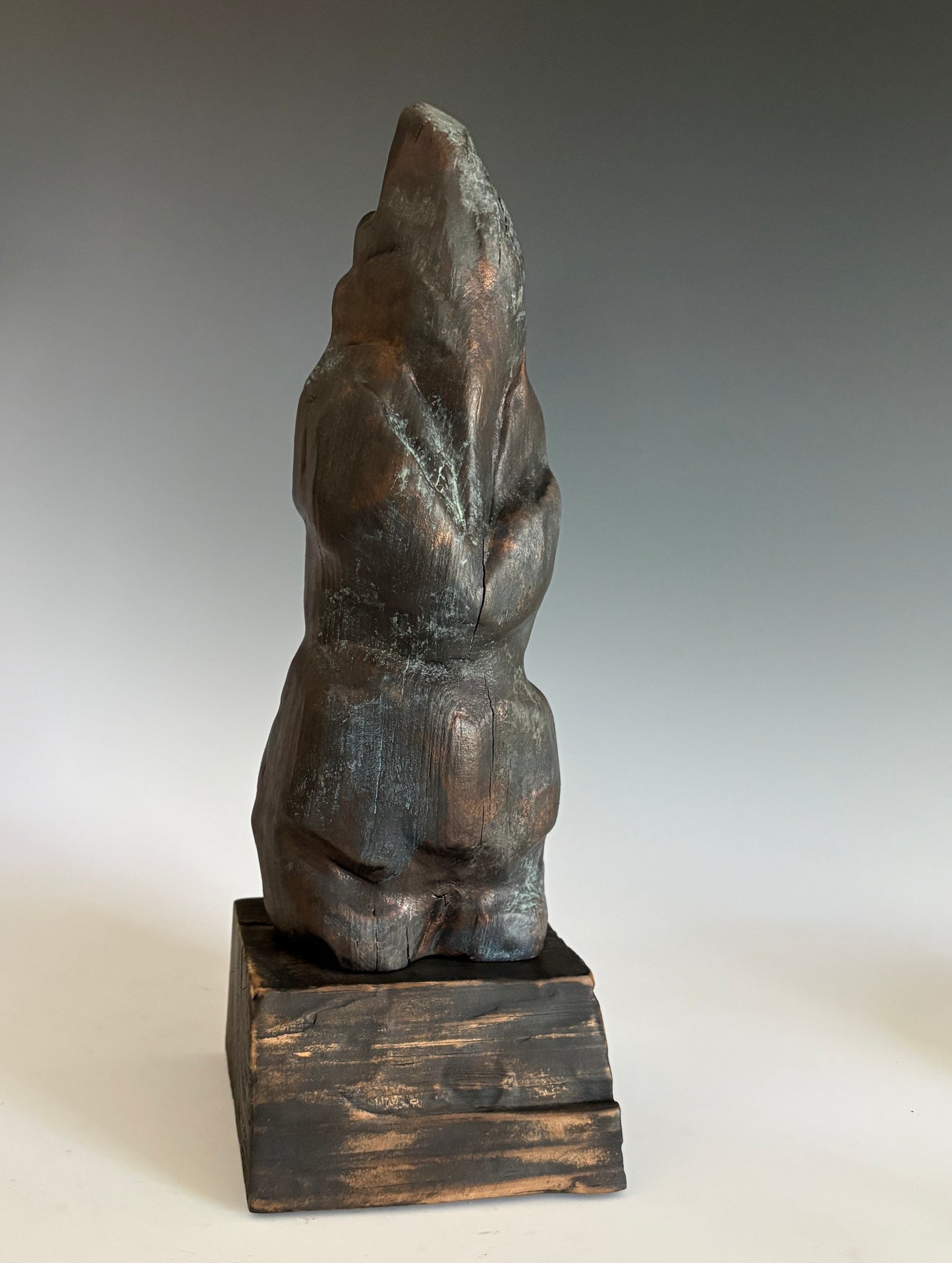 "DON'T LOOK UP!" HAND CARVED WILD CHERRY SCULPTURE WITH METAL COATING