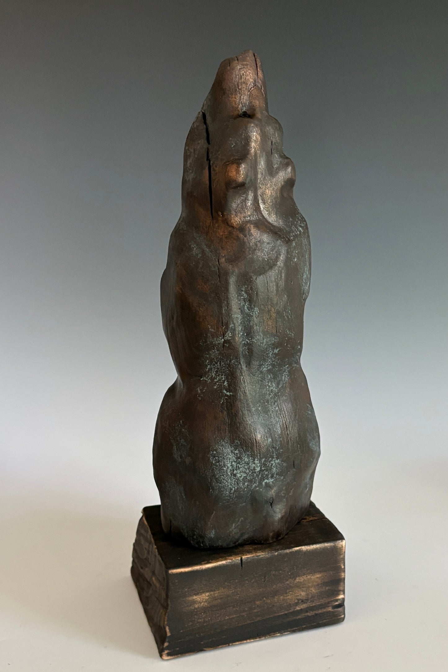 "DON'T LOOK UP!" HAND CARVED WILD CHERRY SCULPTURE WITH METAL COATING