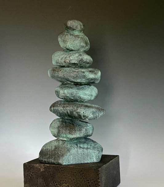 "DREAM CAIRN" HAND CARVED WHITE PINE SCULPTURE WITH BRONZE COATING