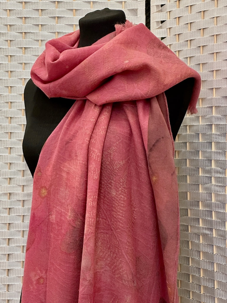 100% LIGHTWEIGHT WOOL COCHINEAL NATURAL DYE AND LEAF PRINT SHAWL F322