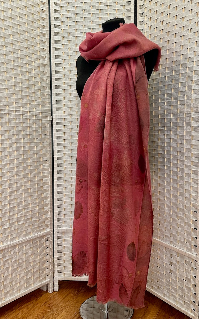 100% LIGHTWEIGHT WOOL COCHINEAL NATURAL DYE AND LEAF PRINT SHAWL F322