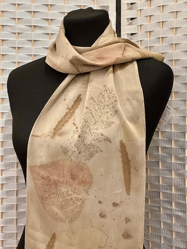 100% HAND DYED SILK CHARMEUSE ECO-PRINTED SCARF F323