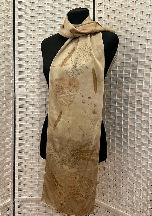 100% HAND DYED SILK CHARMEUSE ECO-PRINTED SCARF F323