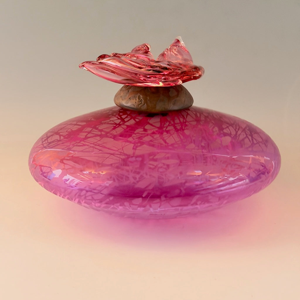 "BIRDS IN FLIGHT" FUSCHIA BLOWN GLASS LIDDED VESSEL