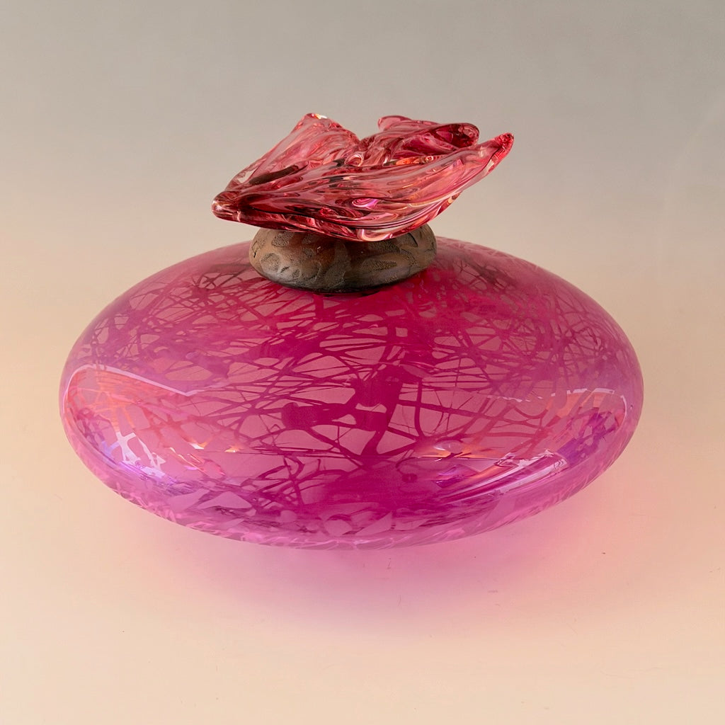 "BIRDS IN FLIGHT" FUSCHIA BLOWN GLASS LIDDED VESSEL