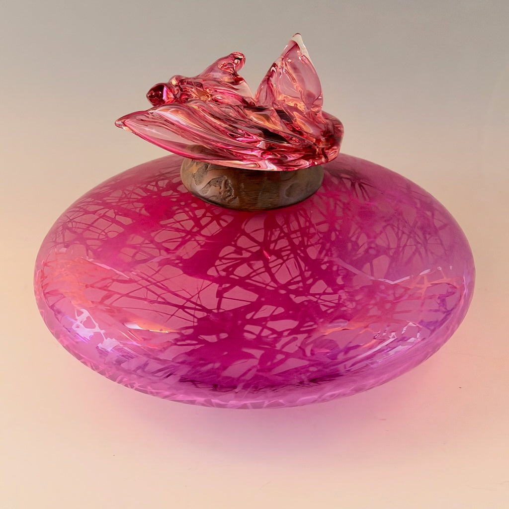 "BIRDS IN FLIGHT" FUSCHIA BLOWN GLASS LIDDED VESSEL