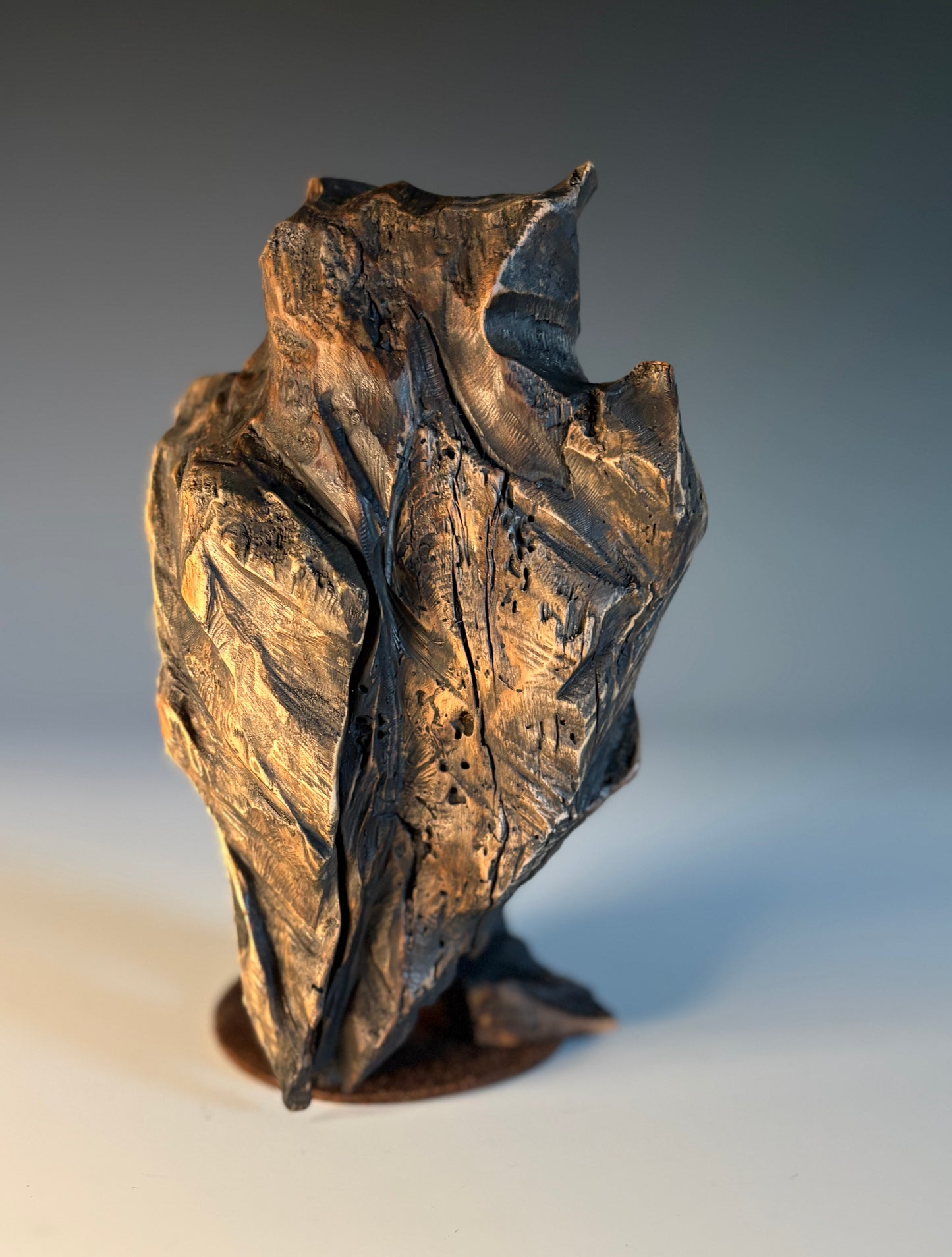 "FIRST CRUSH XV" HEMLOCK, SHELLAC & ACRYLICS WOOD SCULPTURE