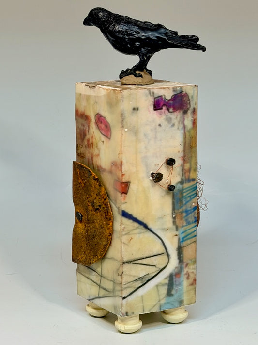 "THE COLLECTOR" MIXED MEDIA WITH ENCAUSTIC SCULPTURE