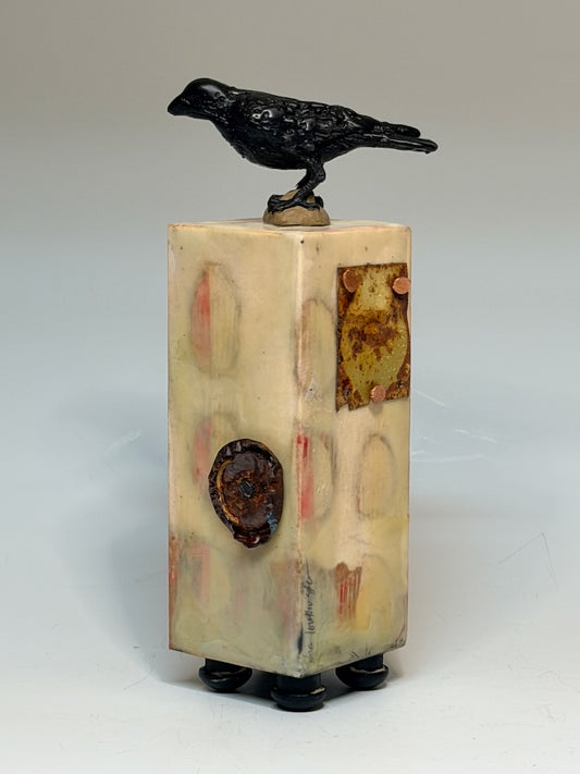"THE COLLECTOR" MIXED MEDIA WITH ENCAUSTIC SCULPTURE 4.26