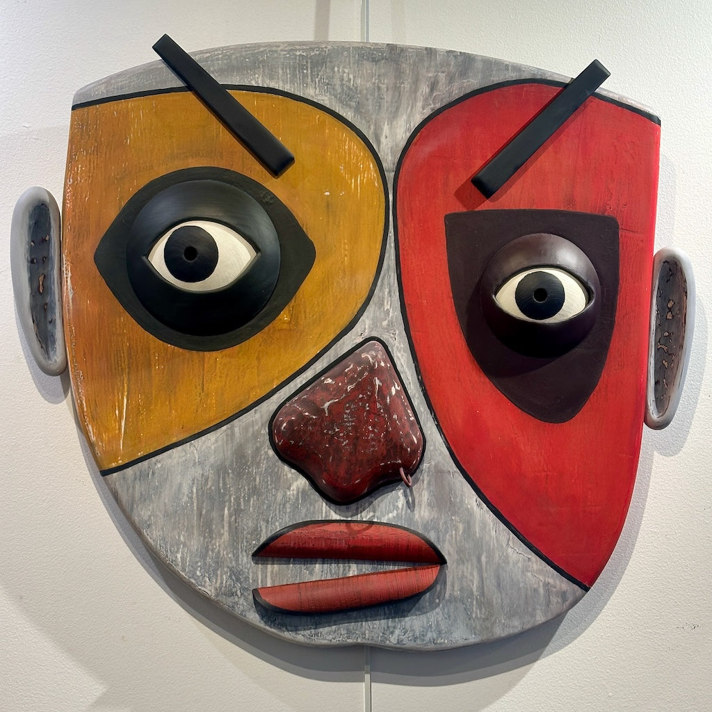 "MASK OF MOODS I" MIXED MEDIA WOOD WALL SCULPTURE