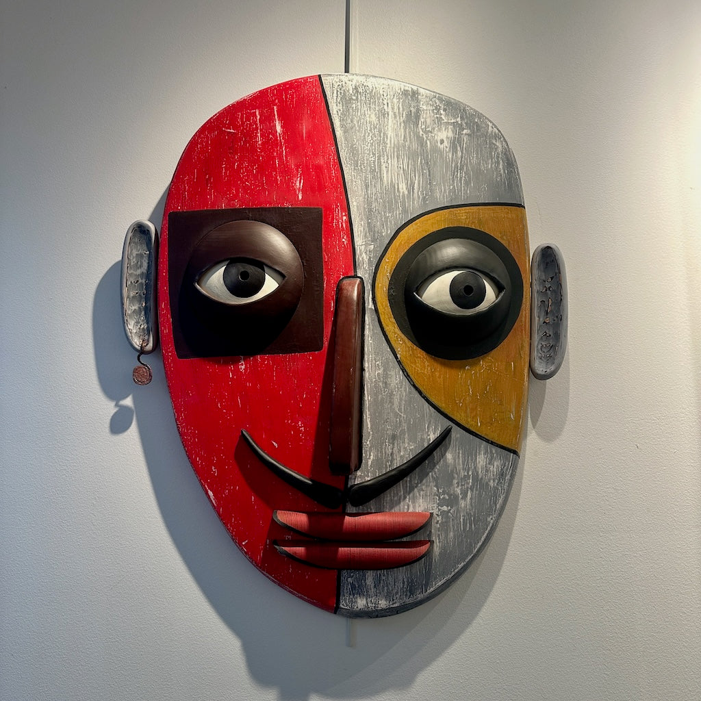 "MASK OF MOODS II" MIXED MEDIA WOOD WALL SCULPTURE