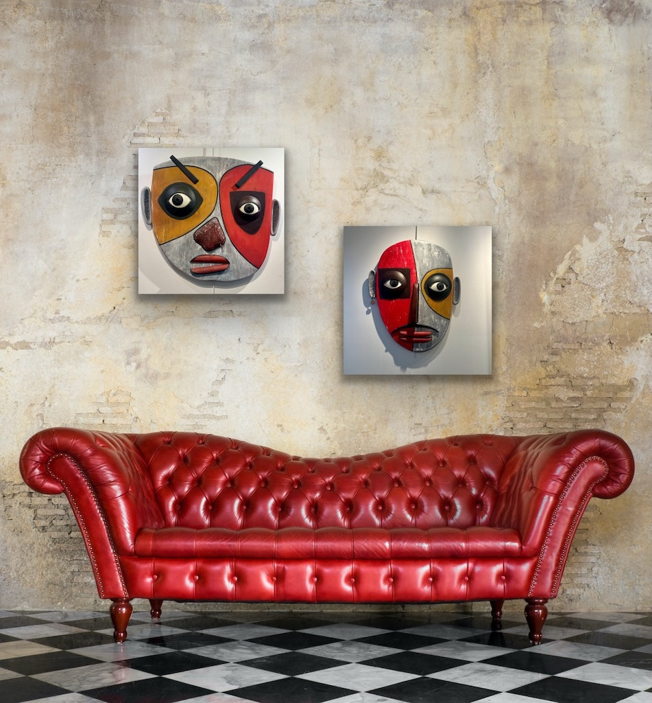 "MASK OF MOODS I" MIXED MEDIA WOOD WALL SCULPTURE