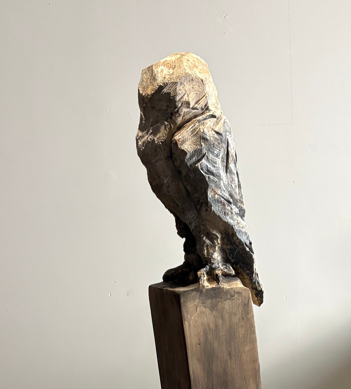 "HINDSIGHT" HAND CARVED WHITE PINE WITH CHALK PAINT SCULPTURE