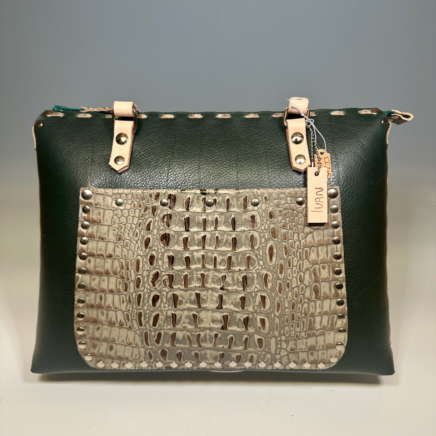 DARK GREEN LEATHER ZIP TOTE II215