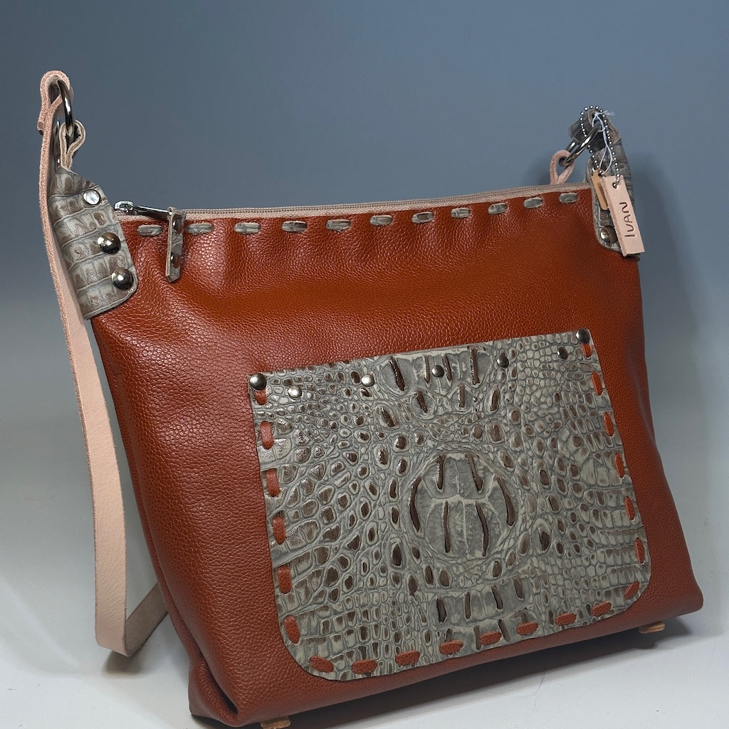 BRICK HOBO WITH CROC LEATHER POCKET  II228