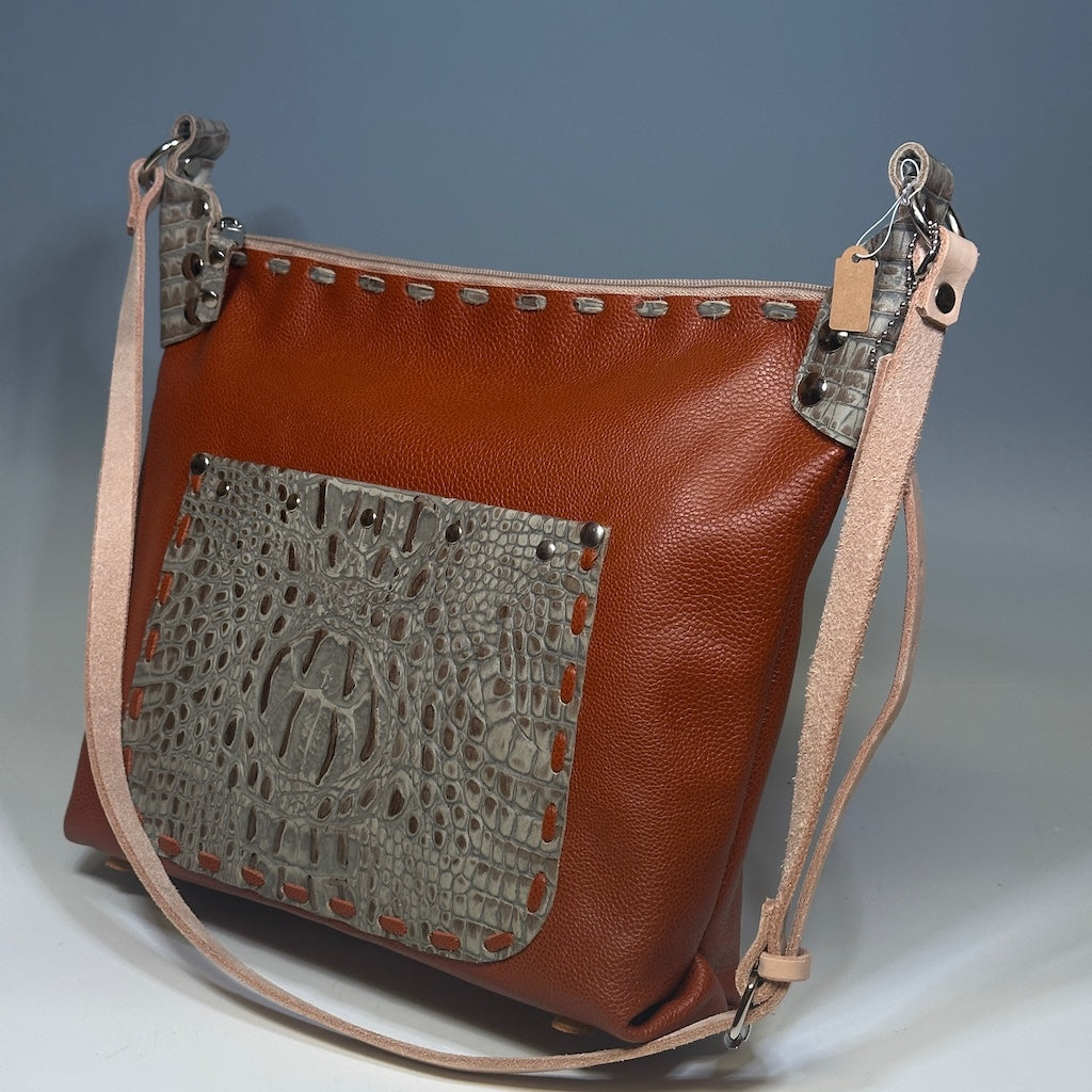 BRICK HOBO WITH CROC LEATHER POCKET  II228
