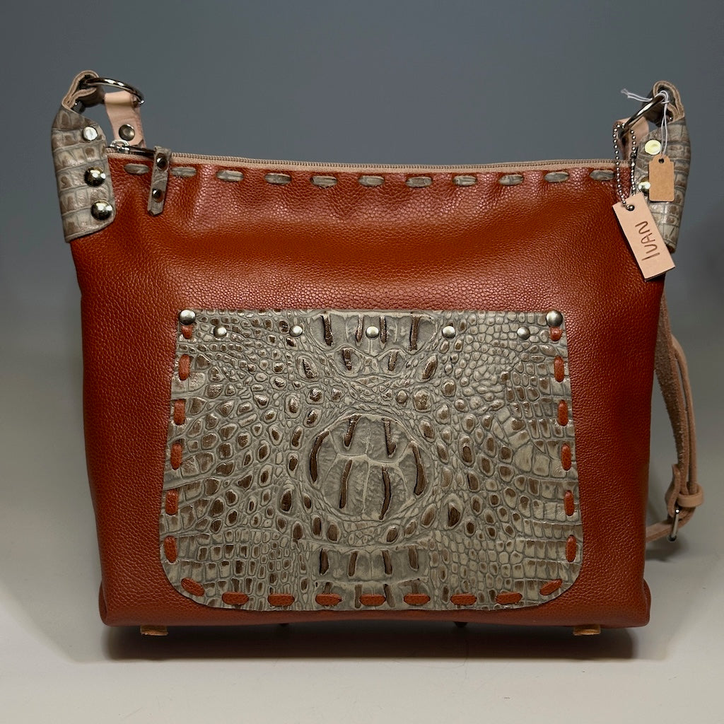BRICK HOBO WITH CROC LEATHER POCKET  II228