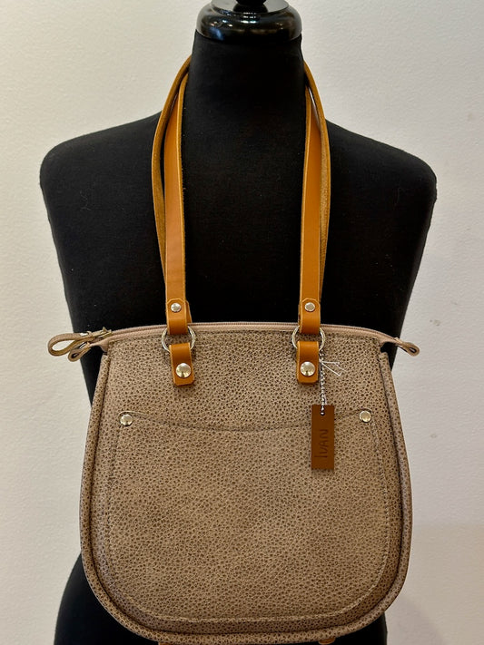 LIGHT PEBBLE TAN HANDBAG WITH BROWN ACCENT STRAP II262