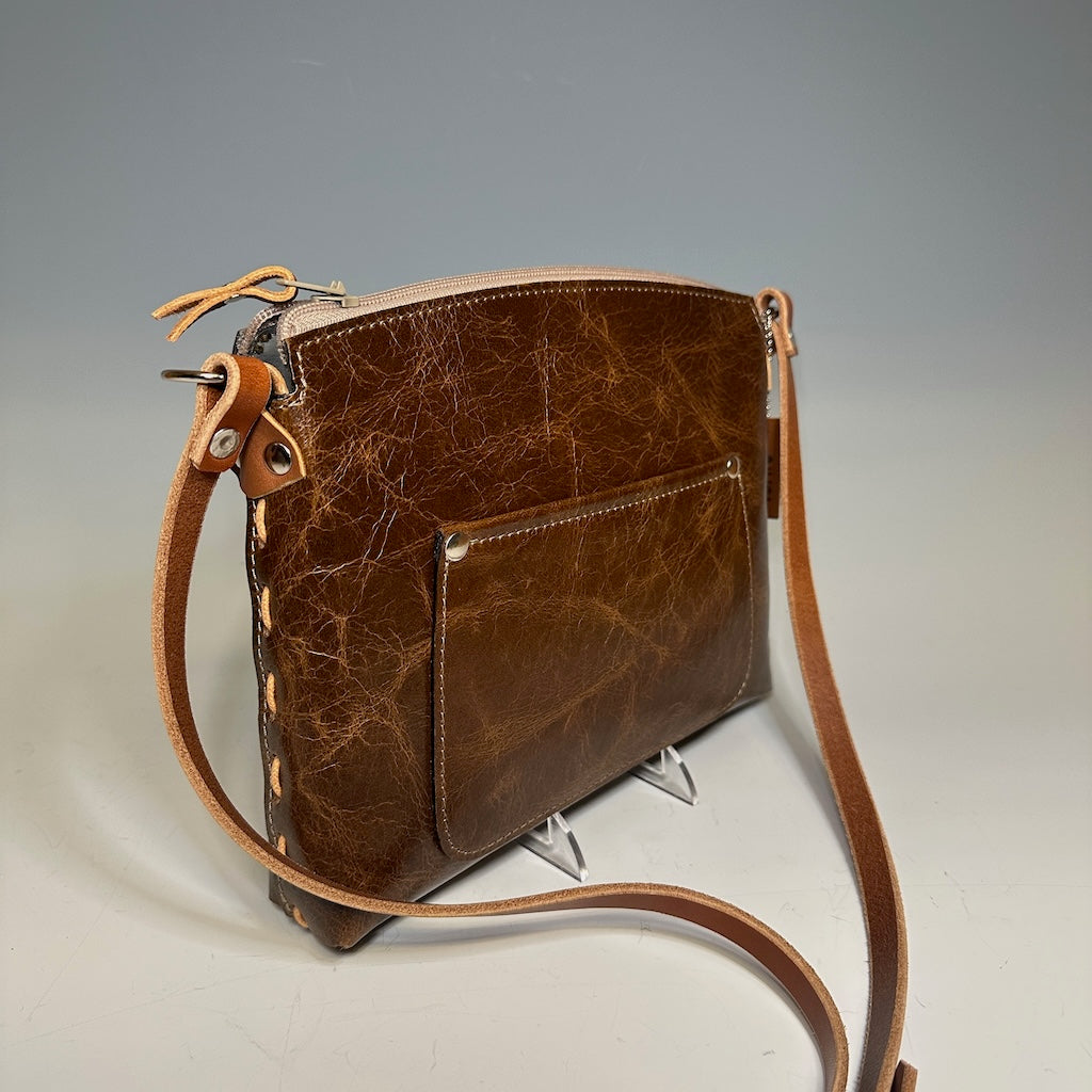 DISTRESSED BROWN LEATHER ZIPPER HANDBAG WITH EXTERNAL POCKET II264