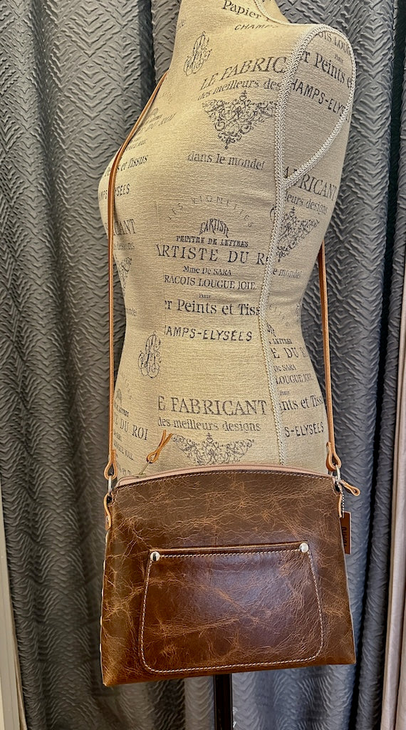 DISTRESSED BROWN LEATHER ZIPPER HANDBAG WITH EXTERNAL POCKET II264