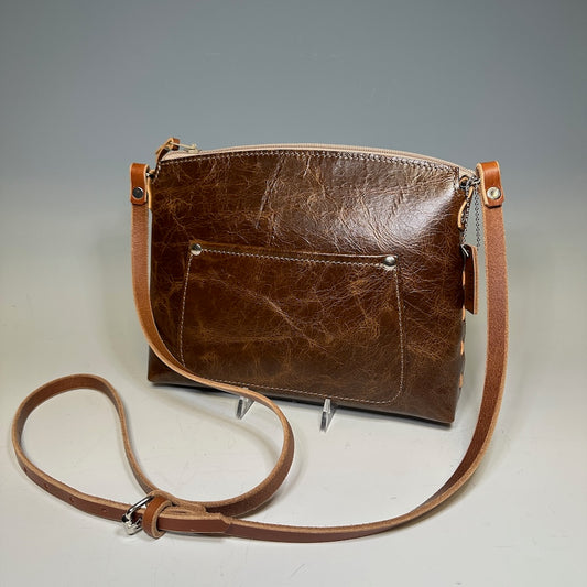 DISTRESSED BROWN LEATHER ZIPPER HANDBAG WITH EXTERNAL POCKET II264