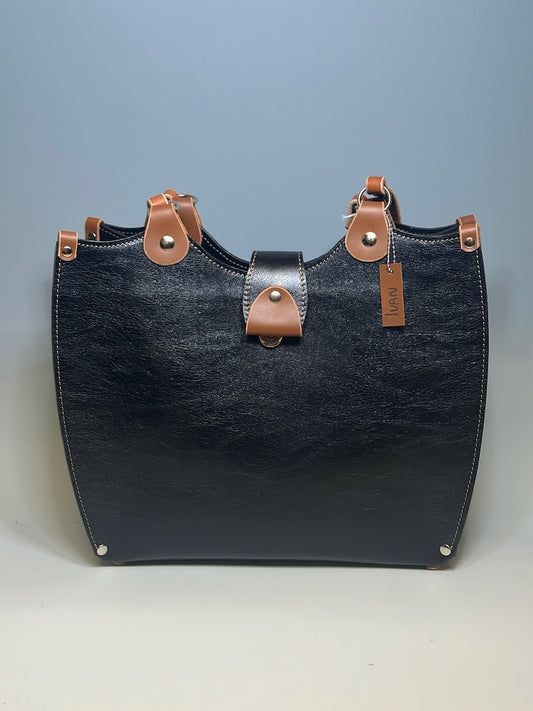 BLACK LEATHER OPEN TOTE W/WIDE GUSSETS II271