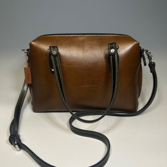 DARK BROWN AND BLACK LEATHER STACHEL WITH DOUBLE HANDLES AND CROSSBODY STRAP II281