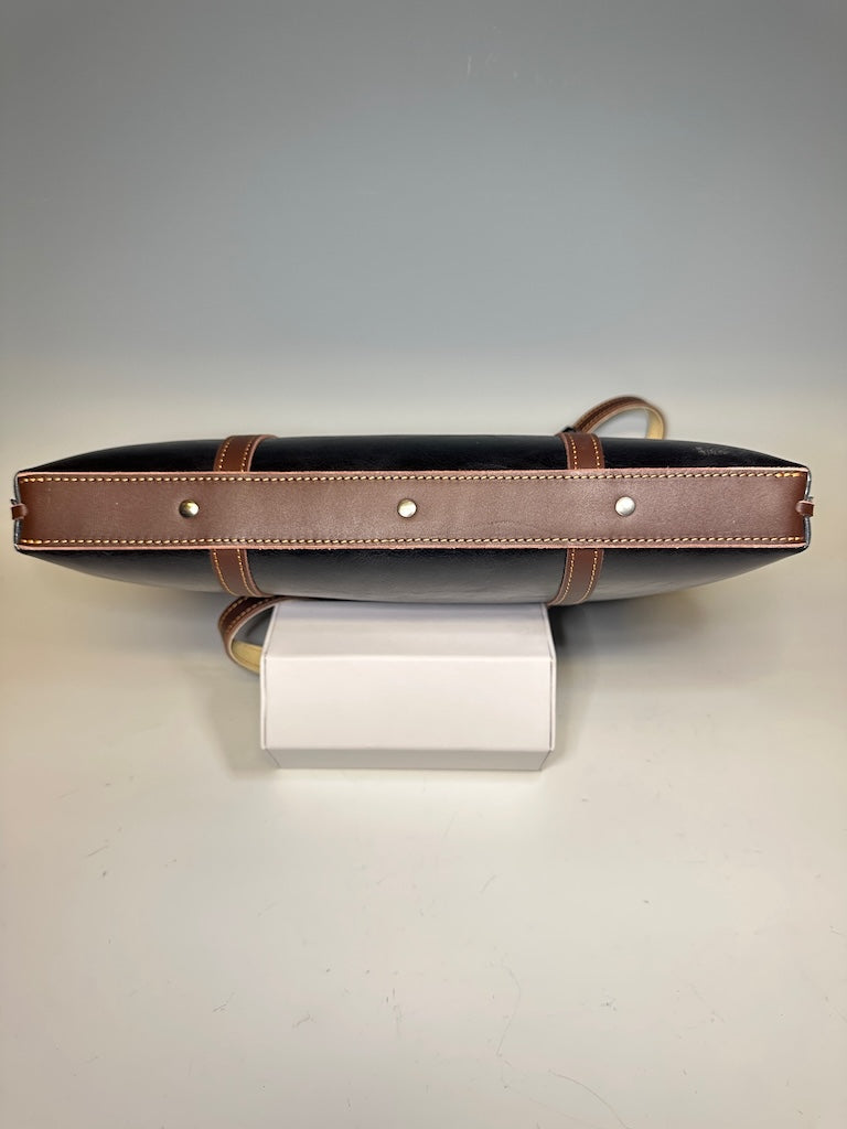 TOTE LEATHER SHOULDER BAG BLACK WITH BURGUNDY TRIM II285